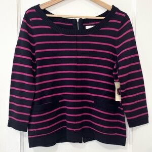 NWT Max Studio Women’s Pink/Navy Striped Merino Wool 3/4 Sleeve Sweater Top,Sz M